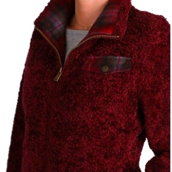 NEW! Women's Pendleton Fuzzy Sherpa Wool Blend Zip Jacket Maroon Red SZ S - Picture 1 of 12